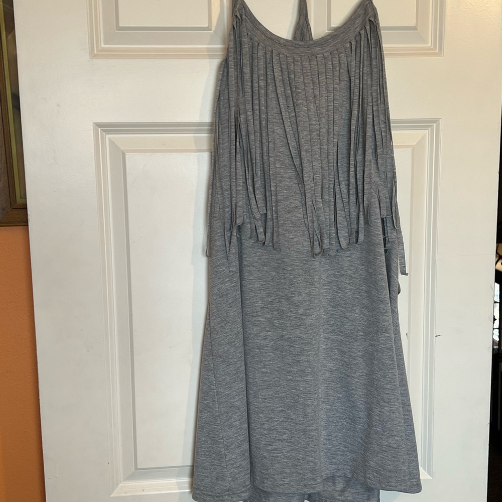 Pink Owl long knit tank with knit fringe.